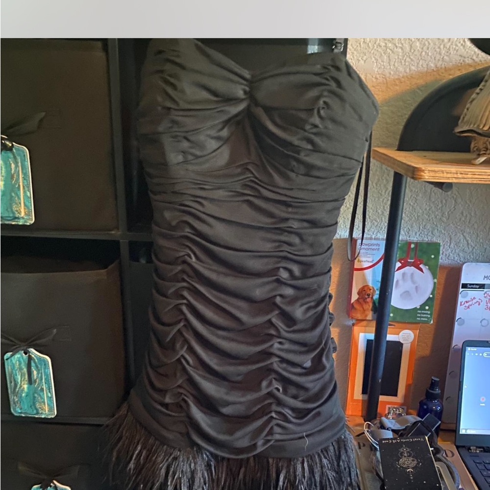 bebe Black Ruched Feather Hem Mini Dress